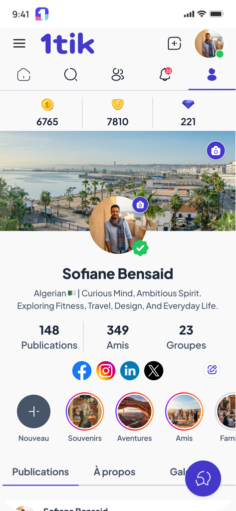 1tik - User profile interface on the 1tik app featuring a bio, social links, and publication stats.