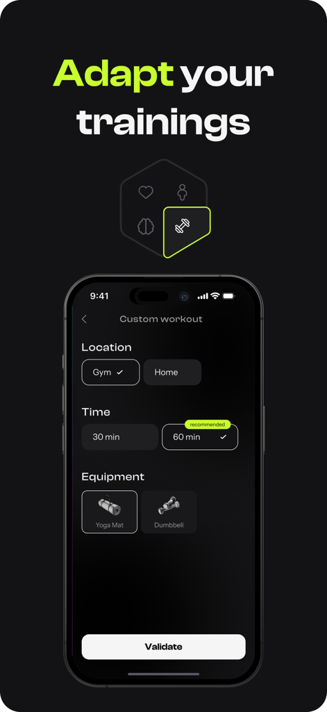 Oly: Personal Fitness Coach - Oly app interface showing custom workout options for location time and equipment