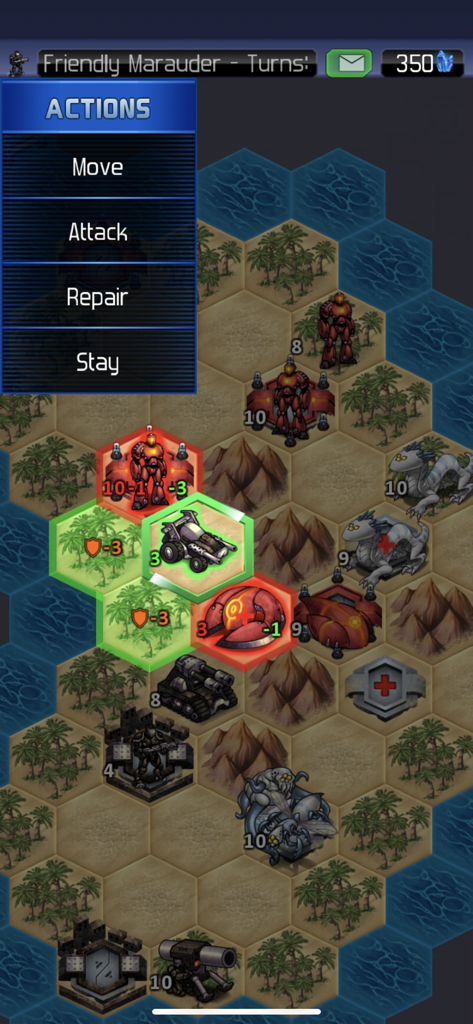 Turn-based tactical gameplay in UniWar showing units on a hexagonal grid with an actions menu.