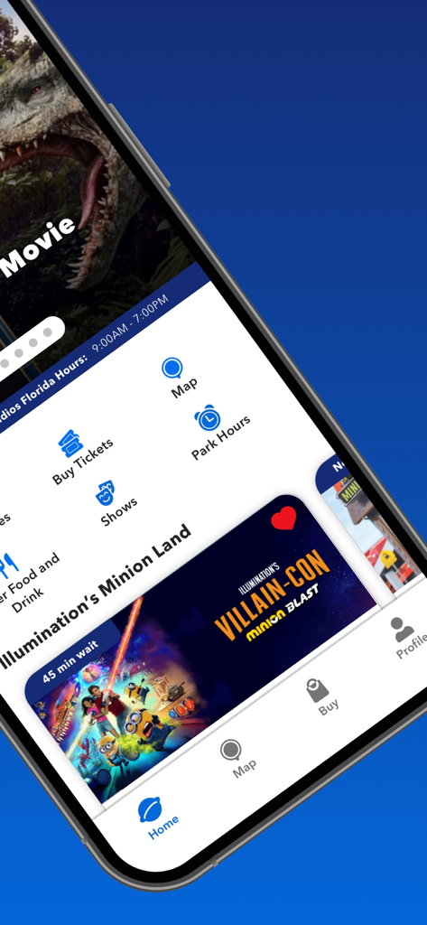 Universal Orlando Resort app home screen showing attraction wait times and navigation menu.