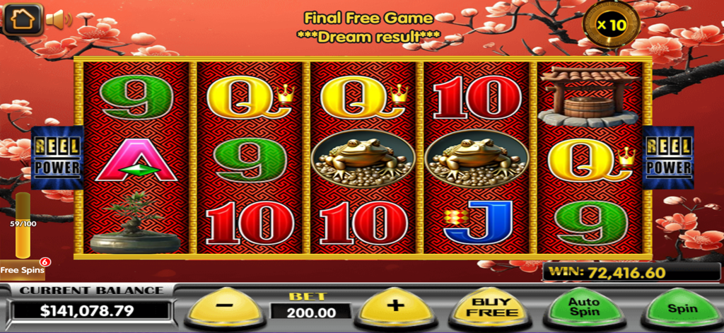 Lucky Gold casino slots gameplay showing an Asian-themed machine with a golden frog symbol and big win