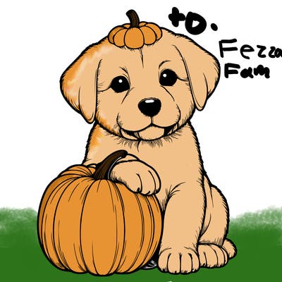 a realistic puppywith a pumpkin on his head
