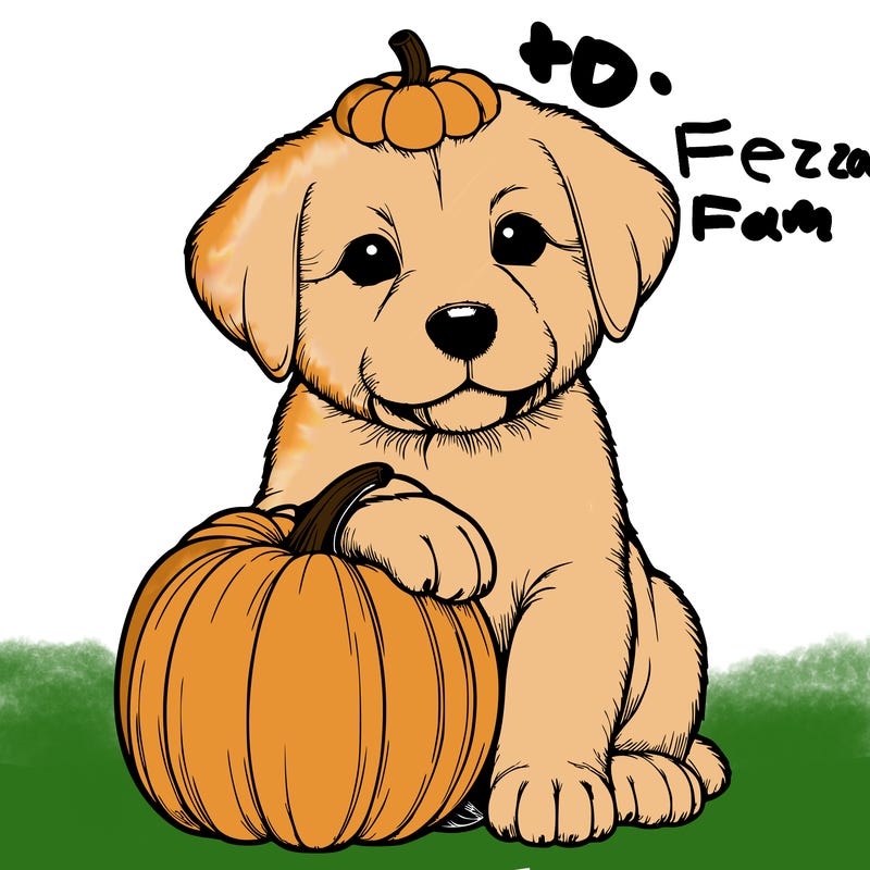 a realistic puppywith a pumpkin on his head