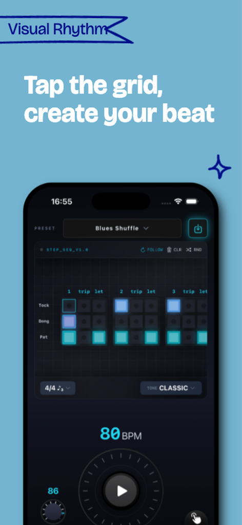 FlowBeats Metronome - Interface du séquenceur visuel FlowBeats Metronome montrant une grille pour créer des rythmes personnalisés