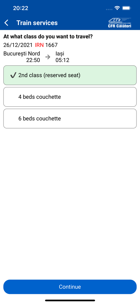 CFR Călători bilete online - Ecrã de seleção de classe de viagem e opções de beliche na aplicação ferroviária romena CFR