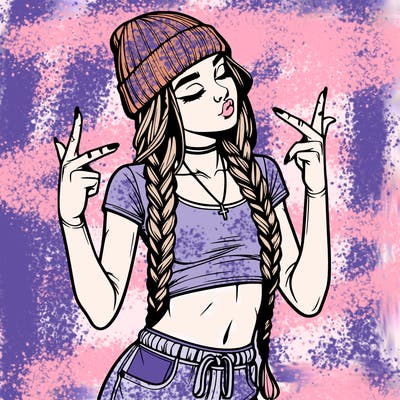 realistic teenage girl with braids and a beanie and crop top doing 🫶🏼