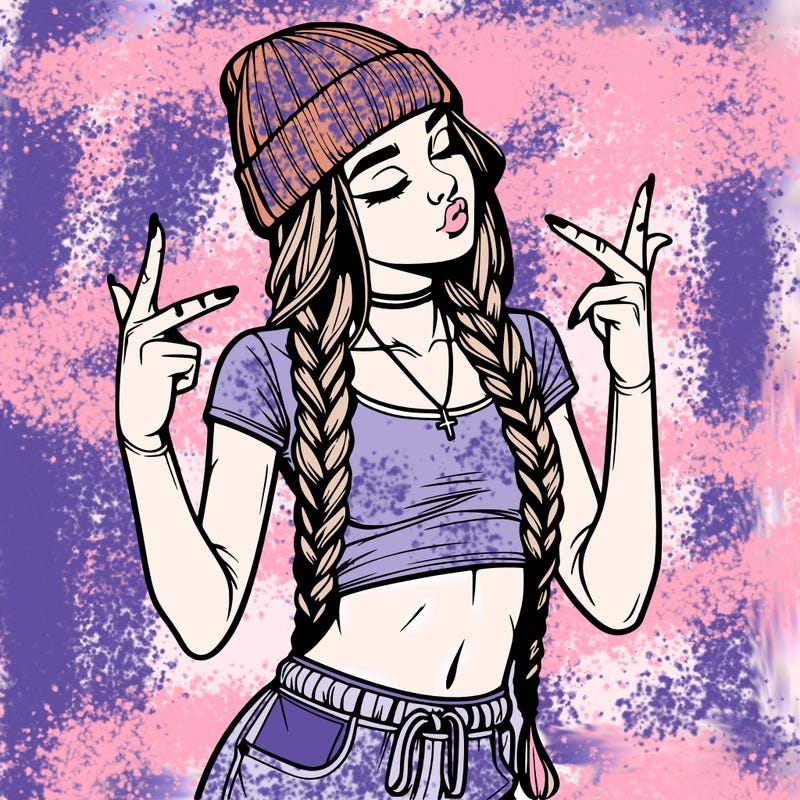 realistic teenage girl with braids and a beanie and crop top doing 🫶🏼