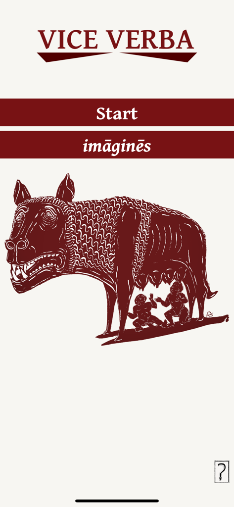 Vice Verba - Écran d'accueil de Vice Verba montrant le bouton Démarrer et une illustration de la Louve du Capitole