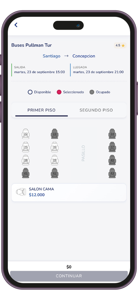 Pullman Tur - Interfaz de selección de asientos de la app móvil Pullman Tur para viajes en autobús