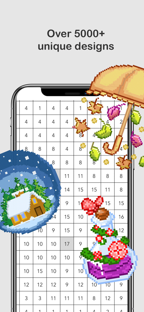 A smartphone screen showing a pixel art grid with numbers and completed drawings of a snow globe and an umbrella.