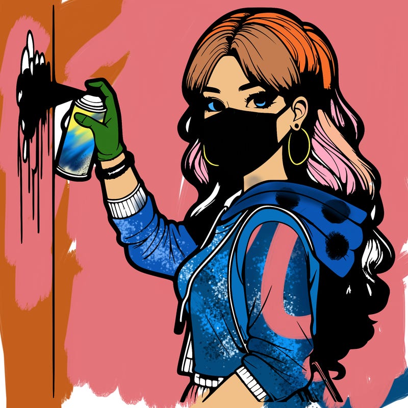 realistic girl with mask spray painting a wall