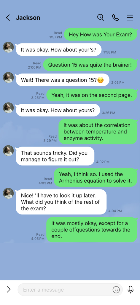 Text Yourself－Chat Story Maker - Uma captura de tela de um aplicativo móvel mostrando uma história de chat estilo iMessage sobre uma conversa de exame escolar entre dois personagens