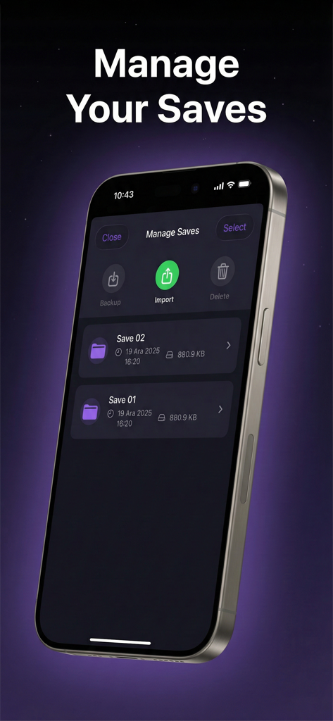 Screenshot of the RPGPlayer app showing the Manage Saves screen on an iPhone with options to backup and import game progress files.