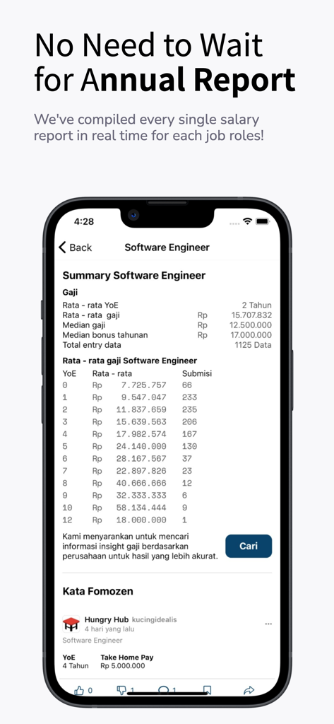 FOMO Indonesia - Bildschirm eines Mobiltelefons, der Softwareentwickler-Gehaltsdaten und Echtzeitberichte anzeigt