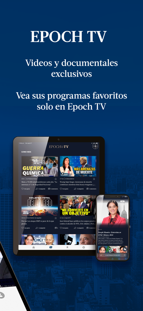 Interface d'Epoch TV montrant des vidéos d'actualités exclusives et des documentaires en espagnol.