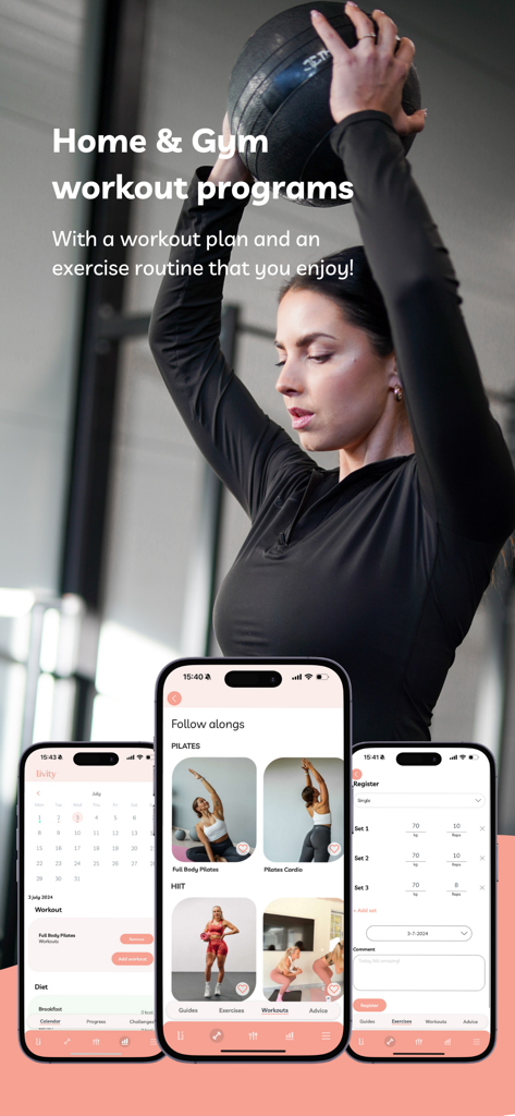 Livity - Une femme soulevant un medecine ball au-dessus de trois écrans de smartphone affichant le calendrier d'entraînement de l'application de fitness Livity, les cours de Pilates et les journaux d'exercices