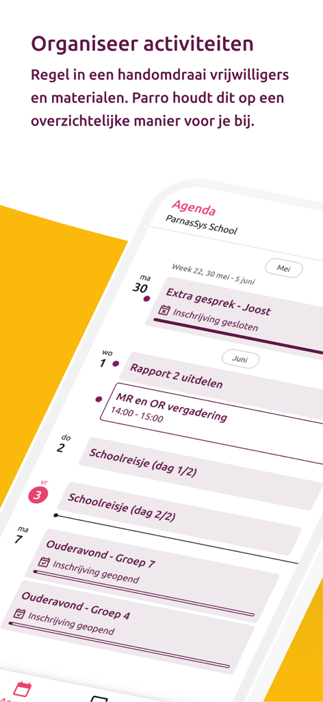 Mobile screen of the Parro app showing a school calendar and agenda for tracking classroom activities