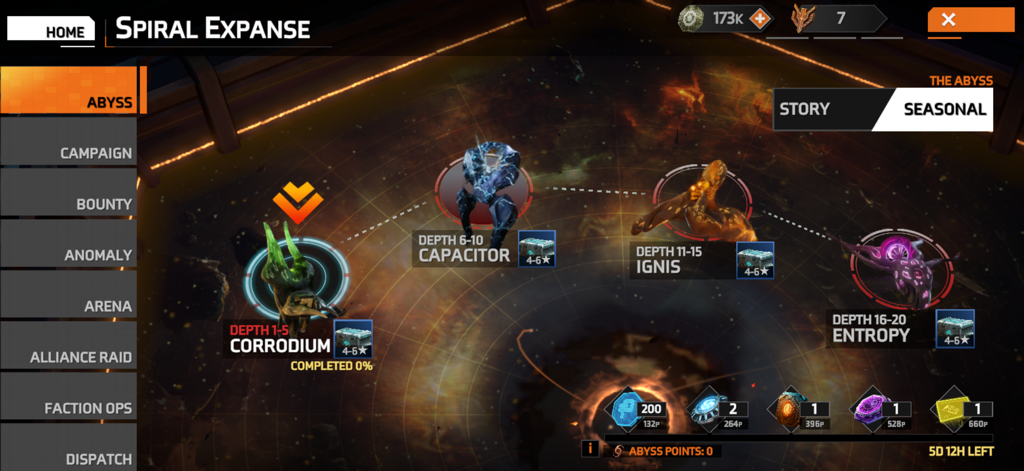 Starborne Frontiers game interface displaying the Abyss mode Spiral Expanse seasonal map and mission depths.