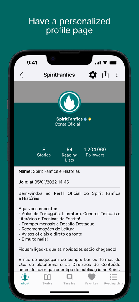 A personalized user profile page in the Spirit Fanfiction and Stories app showing followers and reading lists.