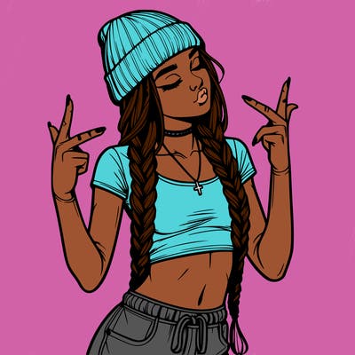 realistic teenage girl with braids and a beanie and crop top doing 🫶🏼