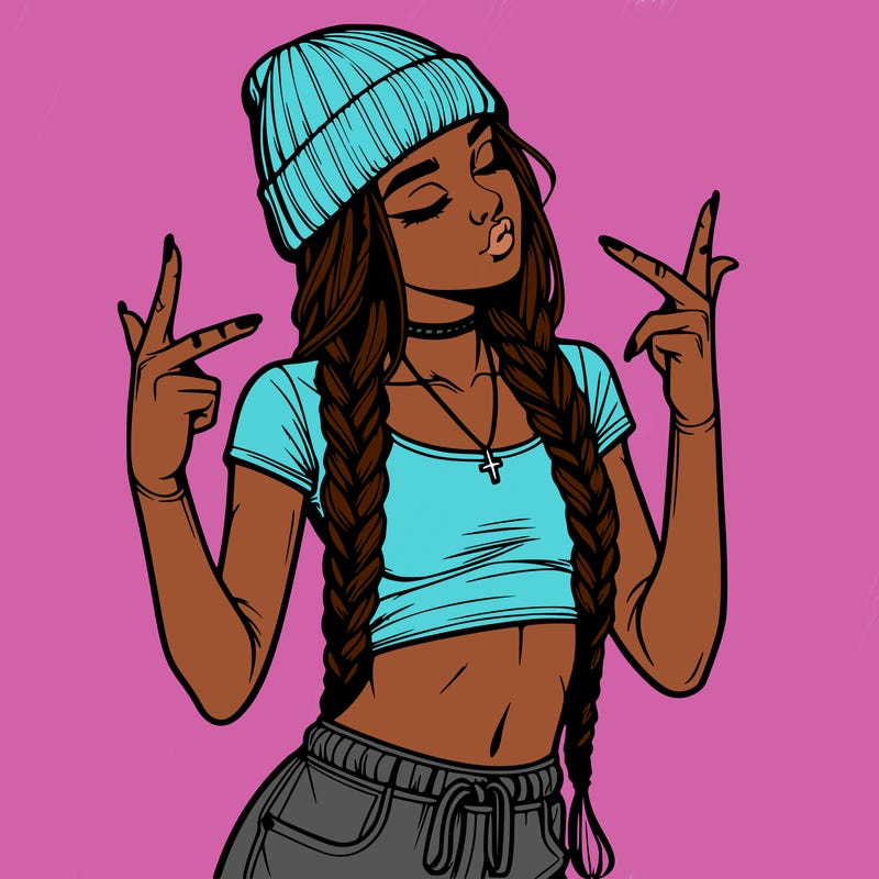 realistic teenage girl with braids and a beanie and crop top doing 🫶🏼