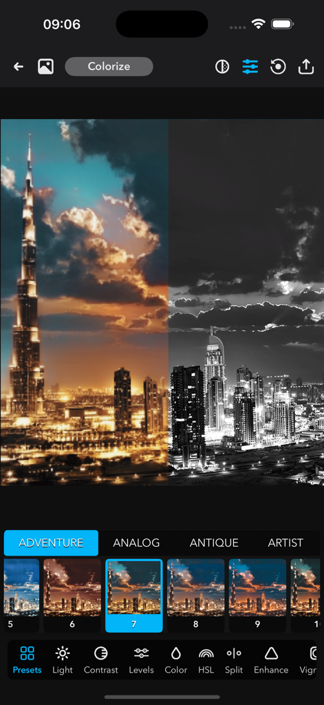 A split screen showing a black and white city skyline being colorized with warm sunset tones using AI filters