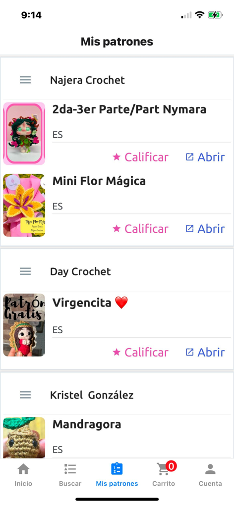 Patronix - L'interfaccia dell'app Patronix che mostra una collezione personale di schemi all'uncinetto con i nomi dei designer.