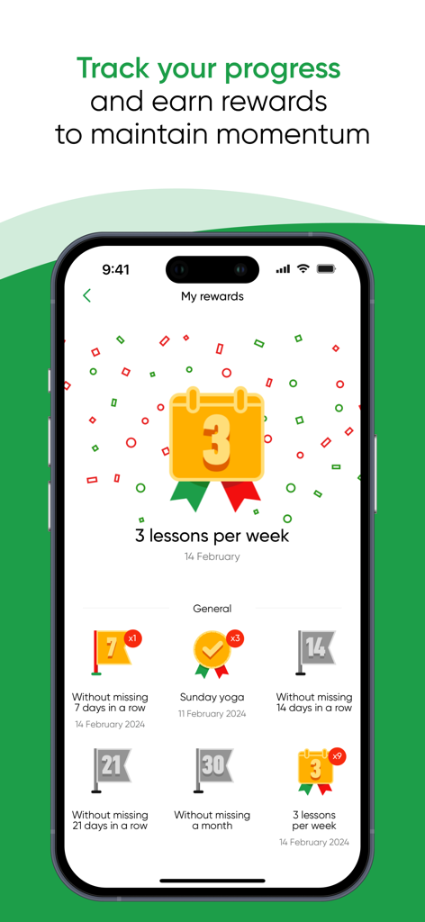 Yoga Club app rewards interface showing achievement badges for completing lessons and maintaining practice streaks.