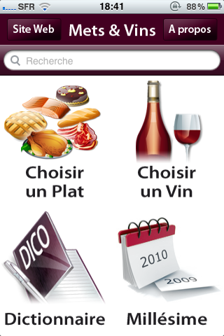 Mets - Vins - Main menu of the Mets and Vins app showing icons for choosing dishes and wines