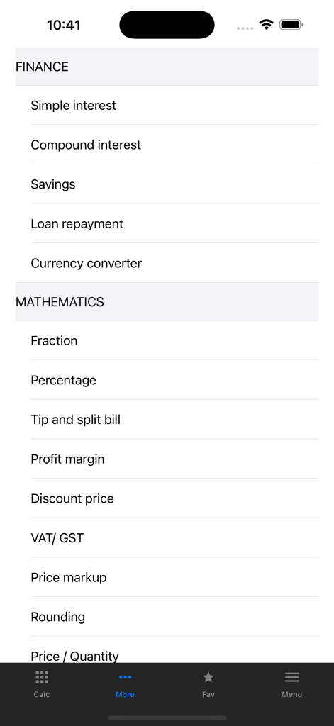 A list of finance and mathematics calculator options within the OneCalc app menu