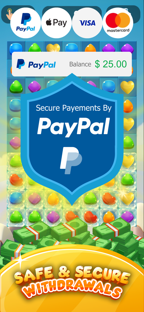 Sugar Cash Match3 Money Prizes - Tela do jogo Sugar Cash Match3 mostrando opções seguras de saque via PayPal e Apple Pay