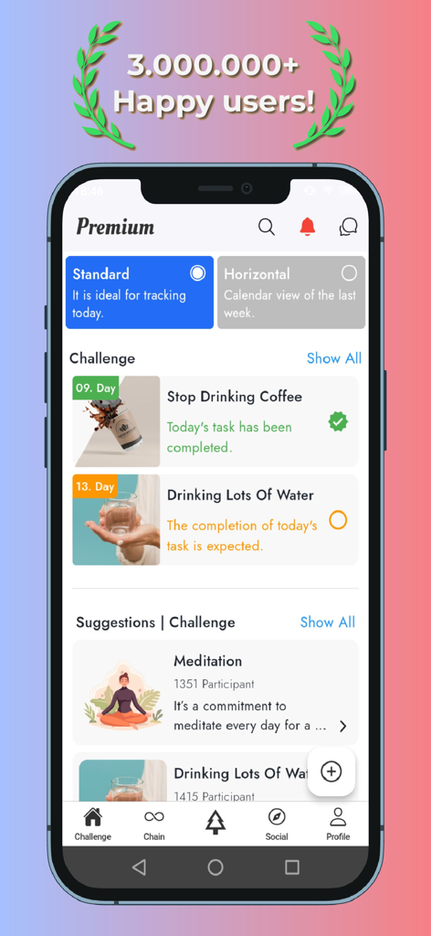 커피 줄이기 및 물 섭취를 위한 활성 습관 챌린지를 보여주는 Wipepp의 모바일 앱 인터페이스.