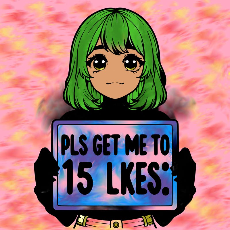 realistic girl holding up a sign that says “pls get me to 15 likes!”