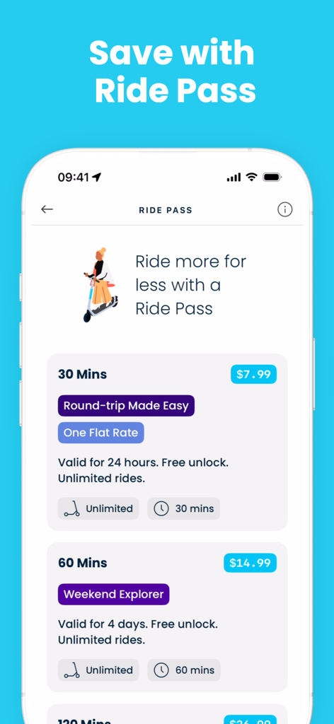 Bird app screen showing different Ride Pass subscription options for scooter rentals.