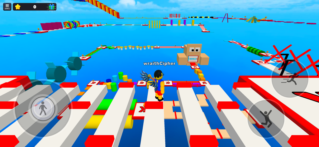 A customized character navigating a vibrant 3D obstacle course in Obby Tower Parkour Climb
