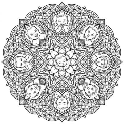 Dive into a world of innocence with this enchanting baby portraits mandala coloring page. Featuring symmetrical patterns adorned with adorable babies, it offers a calming and creative escape.