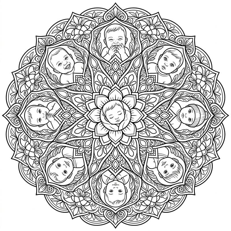 Dive into a world of innocence with this enchanting baby portraits mandala coloring page. Featuring symmetrical patterns adorned with adorable babies, it offers a calming and creative escape.