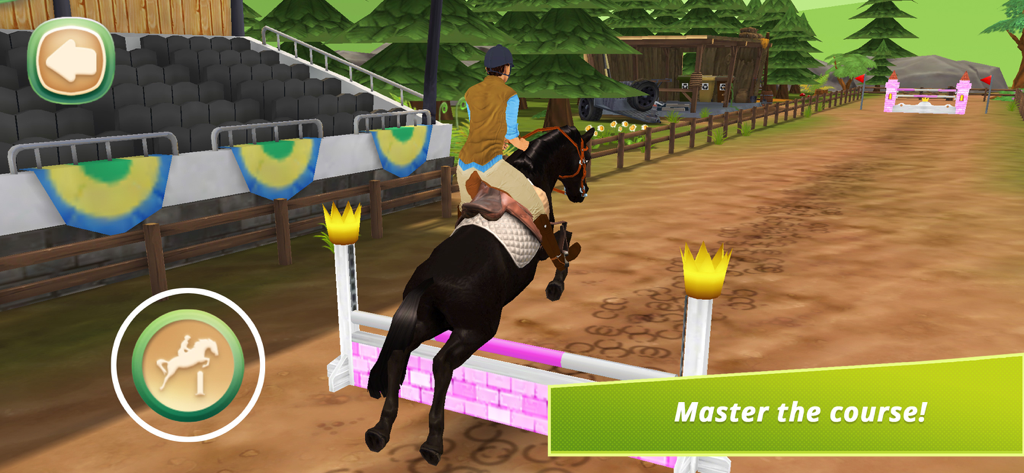 屋外アリーナで障害物を飛び越える黒い馬に乗った人