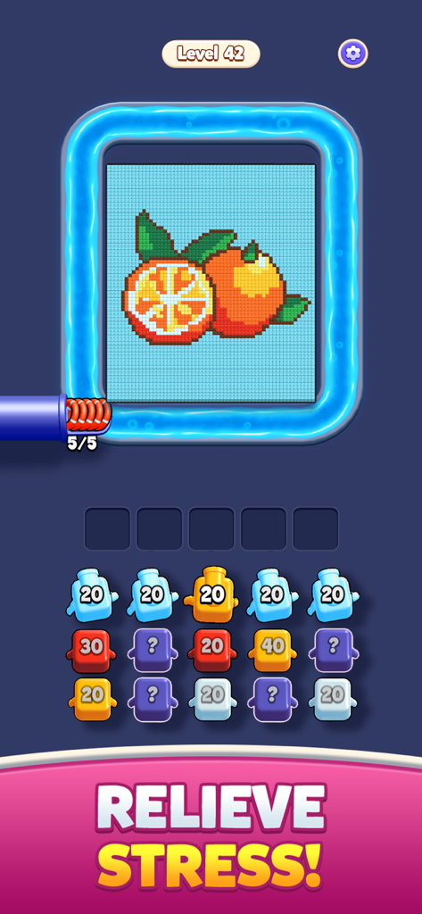Color Blast Shooter gameplay showing a pixel art orange puzzle and the message Relieve Stress