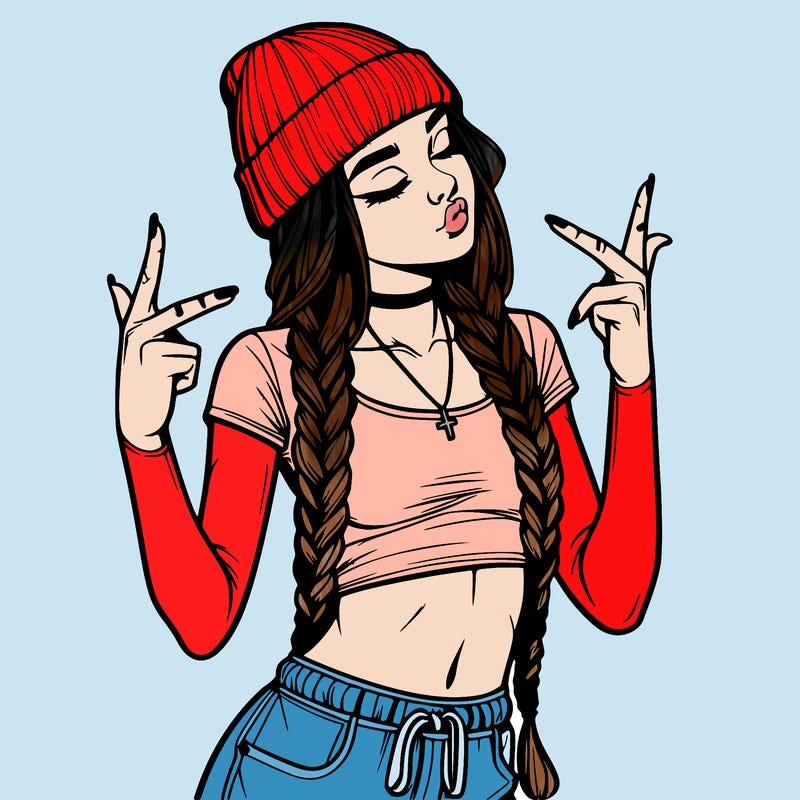 realistic teenage girl with braids and a beanie and crop top doing 🫶🏼