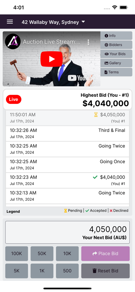 Live bidding interface of Bid Buy app featuring a property auction livestream and real time bid history