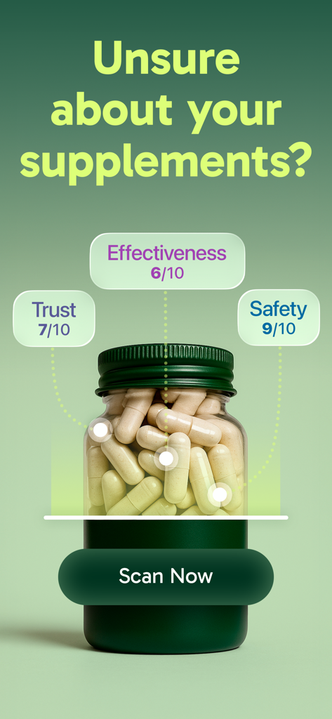 InSup app scanning a supplement bottle to display safety and effectiveness scores.