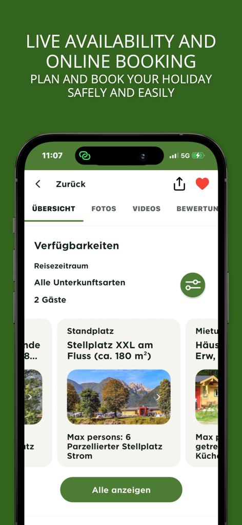 Screenshot of the camping.info mobile app interface showing campsite availability and online booking options