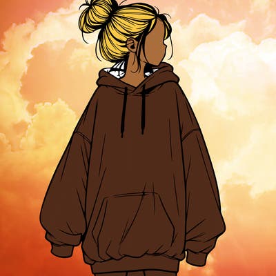 realistic girl with a oversized sweatshirt on and a bun