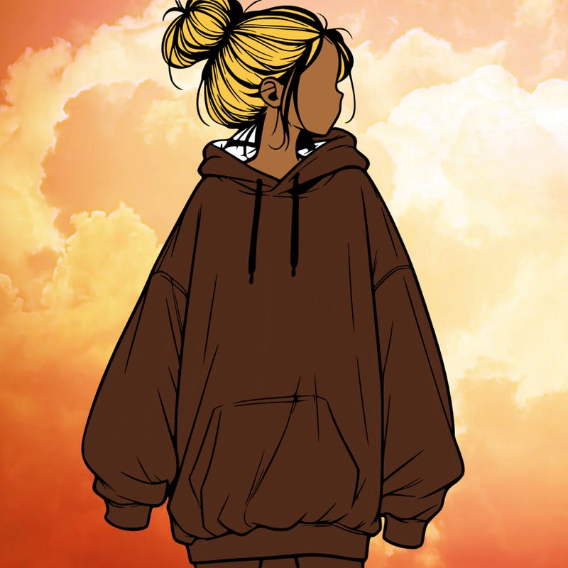 realistic girl with a oversized sweatshirt on and a bun