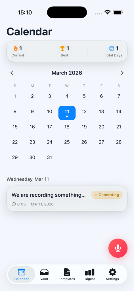 Affirmations - Voicey - 일일 녹음 기록 및 사용 스트릭을 표시하는 Voicey 앱의 캘린더 화면