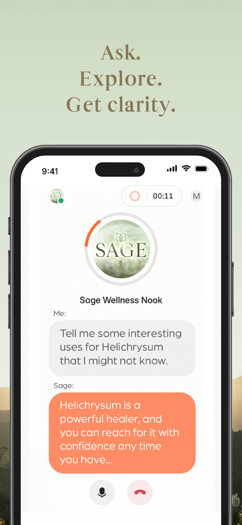 Wellness Nook app interface featuring a conversation with Sage assistant about essential oils