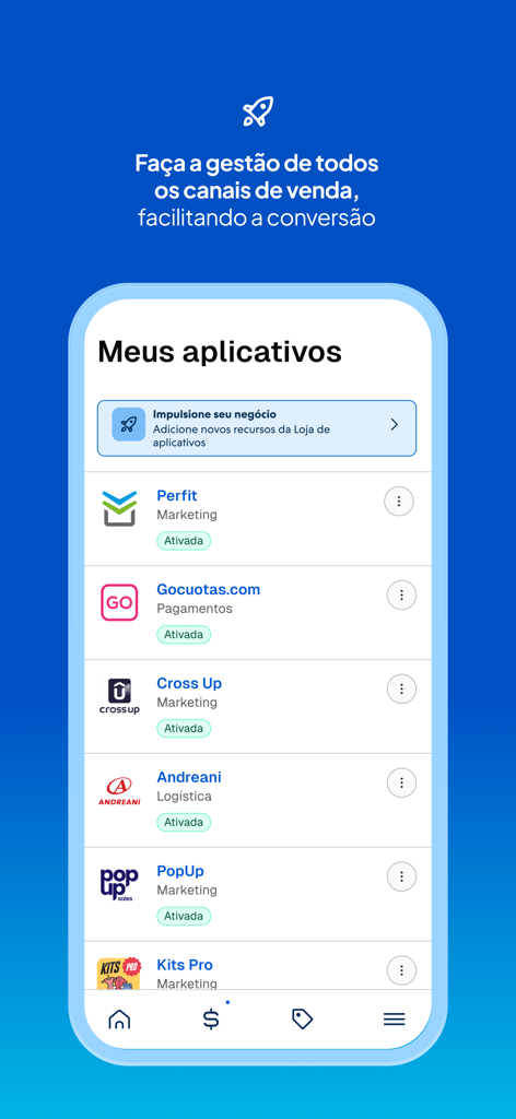 Nuvemshop app interface showing a list of integrated tools for marketing payments and logistics