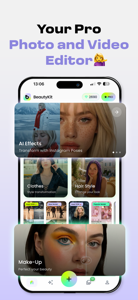 AI Effects & Filters - Bloom - Screenshot of Bloom app interface featuring AI editing tools for makeup, hair style, and clothes