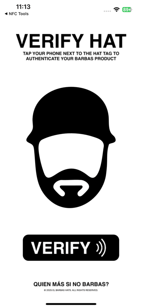 Barbas Hats - Barbas Hats mobile app authentication screen showing NFC verification instructions